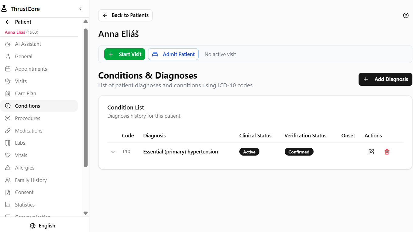 Staff portal patient record: problem list with ICD-10 coded diagnosis, clinical module navigation
